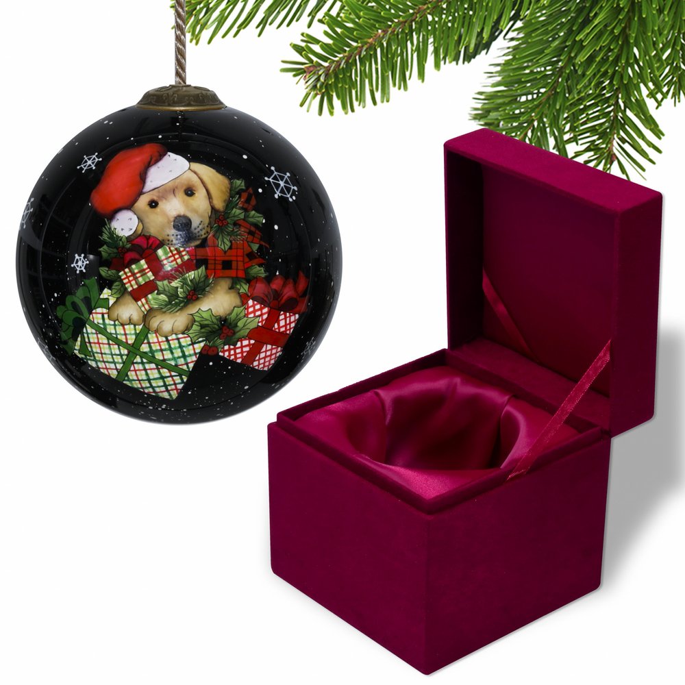 Christmas Puppy with Presents Hand Painted Mouth Blown Glass Ornament HomeRoots