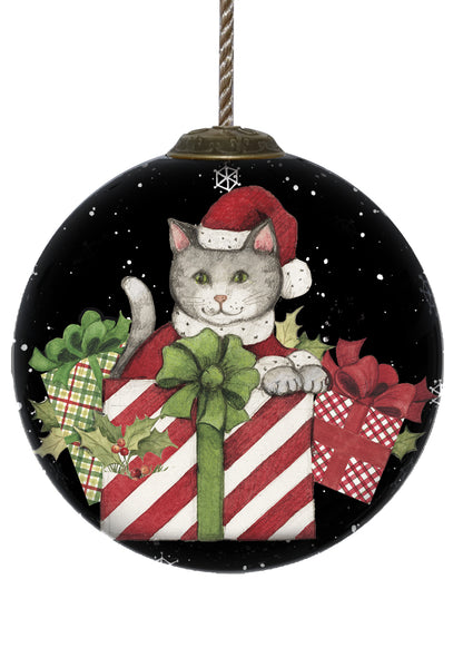 Christmas Cat with Presents Hand Painted Mouth Blown Glass Ornament