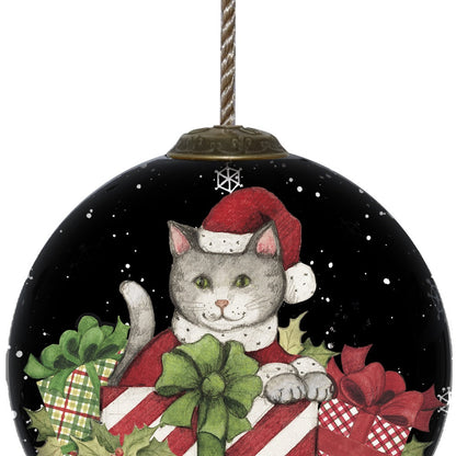 Christmas Cat with Presents Hand Painted Mouth Blown Glass Ornament