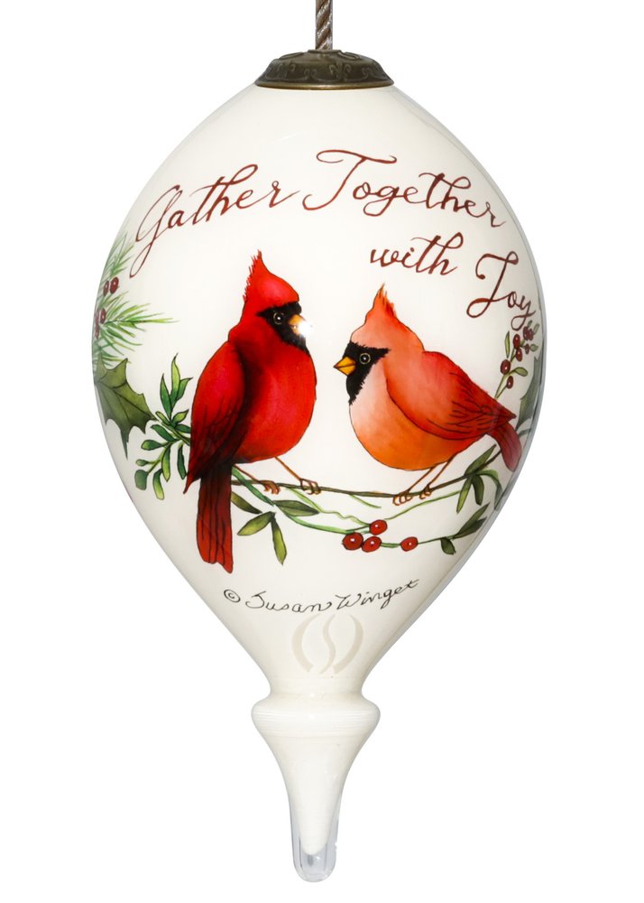 Gather Together With Joy Cardinals Hand Painted Mouth Blown Glass Ornament HomeRoots