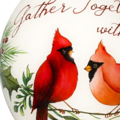 Gather Together With Joy Cardinals Hand Painted Mouth Blown Glass Ornament