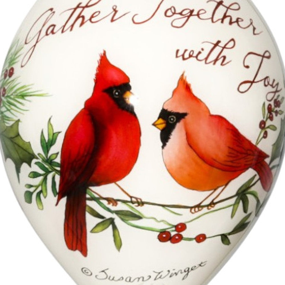 Gather Together With Joy Cardinals Hand Painted Mouth Blown Glass Ornament