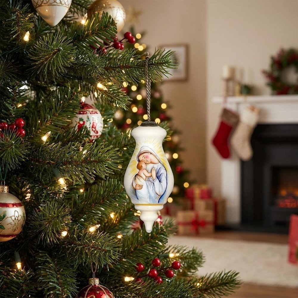 Mother Mary with Baby Hand Painted Mouth Blown Glass Ornament — view 6