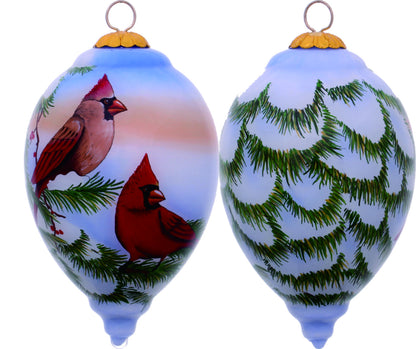 Perched Winter Cardinal Hand Painted Mouth Blown Glass Ornament