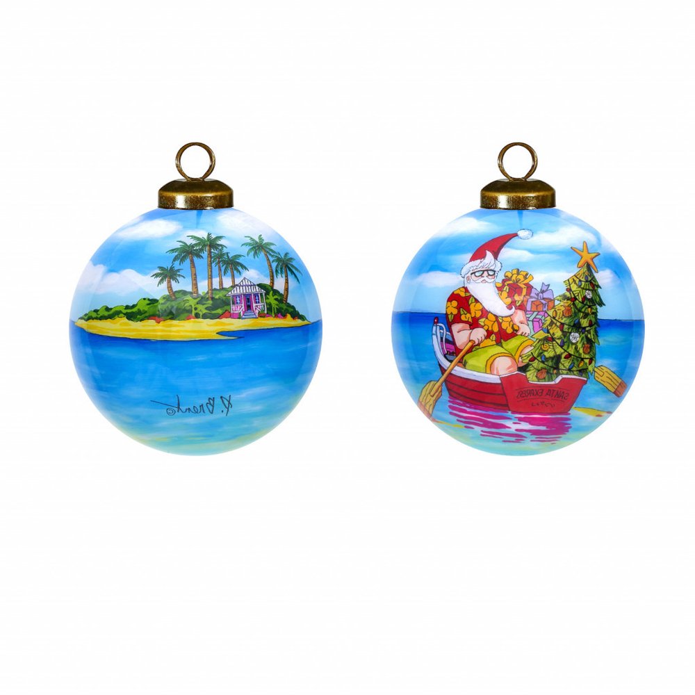 Rowing Santa Express Hand Painted Mouth Blown Glass Ornament — view 2