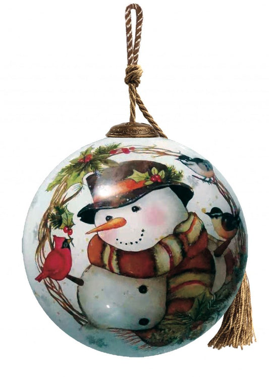 Winter Wreath Forest Snowman Hand Painted Mouth Blown Glass Ornament HomeRoots