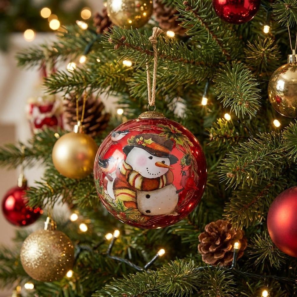 Winter Wreath Forest Snowman Hand Painted Mouth Blown Glass Ornament HomeRoots
