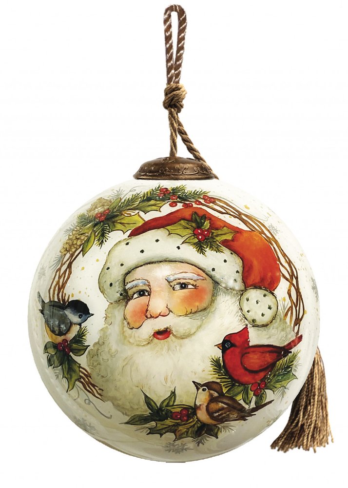 Winter Wreath Forest Santa Hand Painted Mouth Blown Glass Ornament — view 1