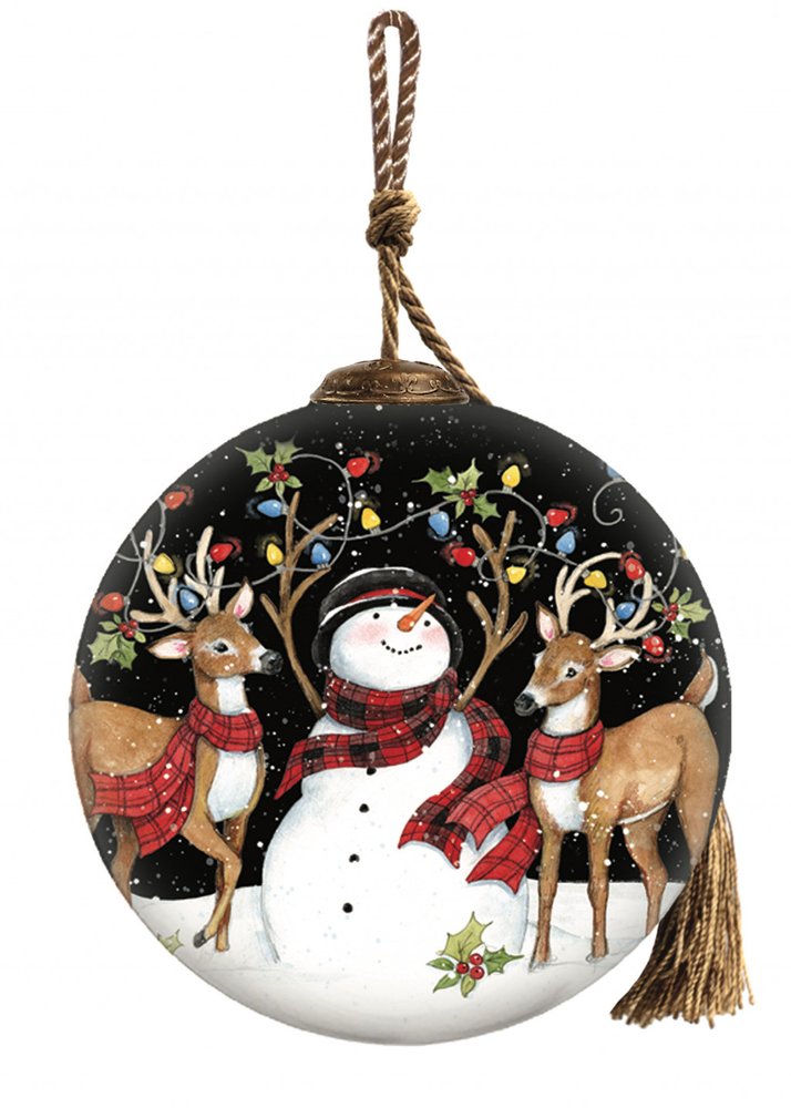 Snowman and Reindeer in Holiday Lights Hand Painted Mouth Blown Glass Ornament — view 1