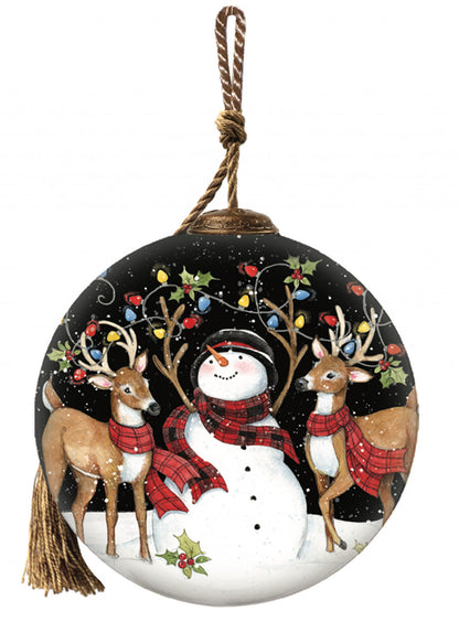 Snowman and Reindeer in Holiday Lights Hand Painted Mouth Blown Glass Ornament