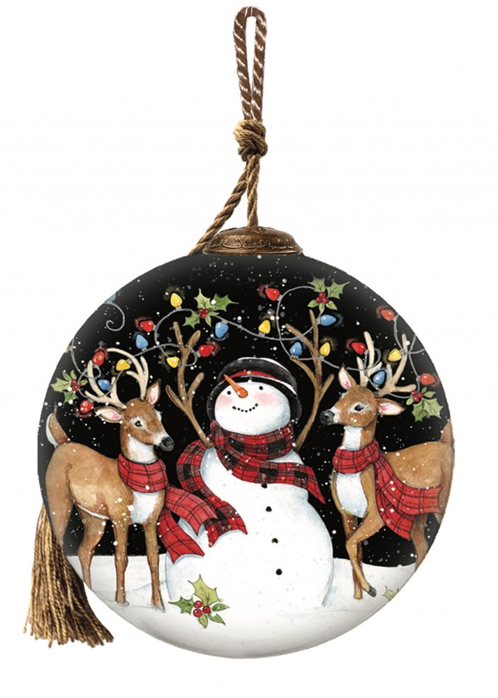 Snowman and Reindeer in Holiday Lights Hand Painted Mouth Blown Glass Ornament — view 2