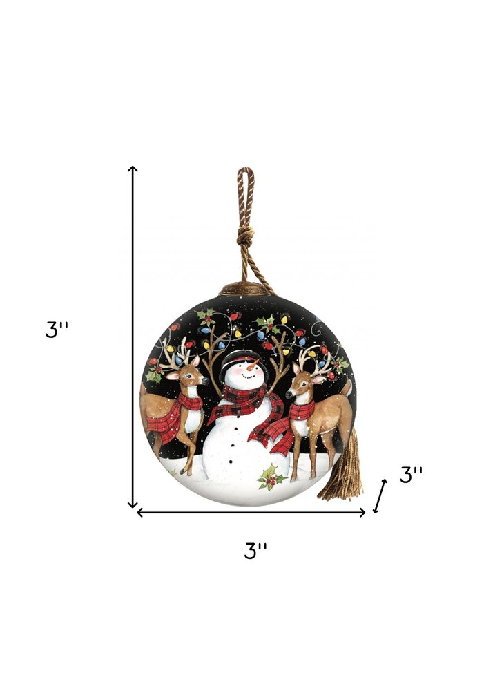 Snowman and Reindeer in Holiday Lights Hand Painted Mouth Blown Glass Ornament HomeRoots