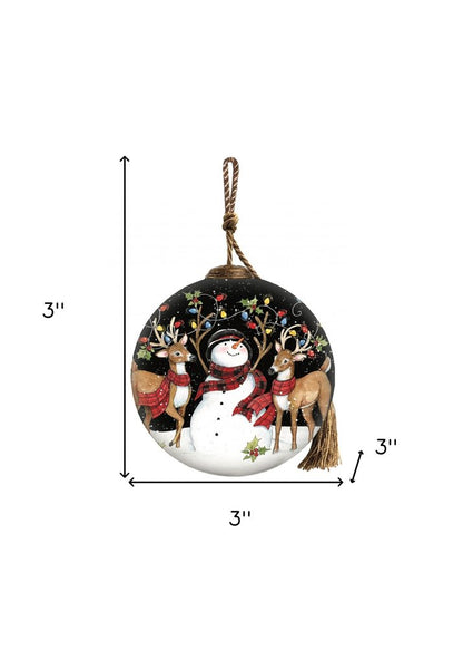 Snowman and Reindeer in Holiday Lights Hand Painted Mouth Blown Glass Ornament HomeRoots