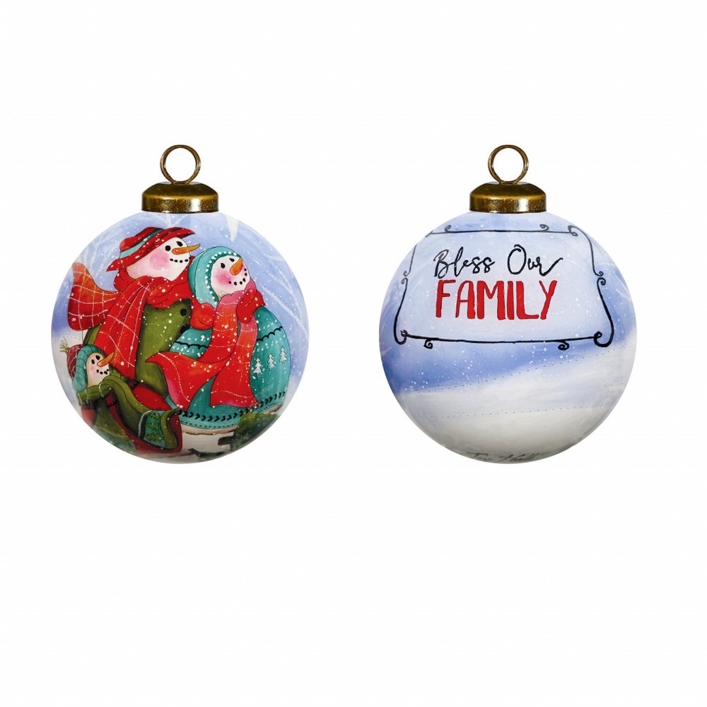 Snowman Family Bless Our Family Wordings Hand Painted Mouth Blown Glass Ornament — view 1