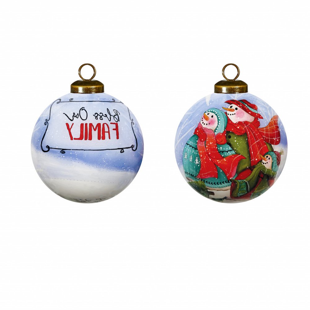 Snowman Family Bless Our Family Wordings Hand Painted Mouth Blown Glass Ornament — view 2