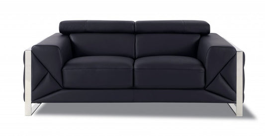 75" Black And Silver Italian Leather Loveseat HomeRoots