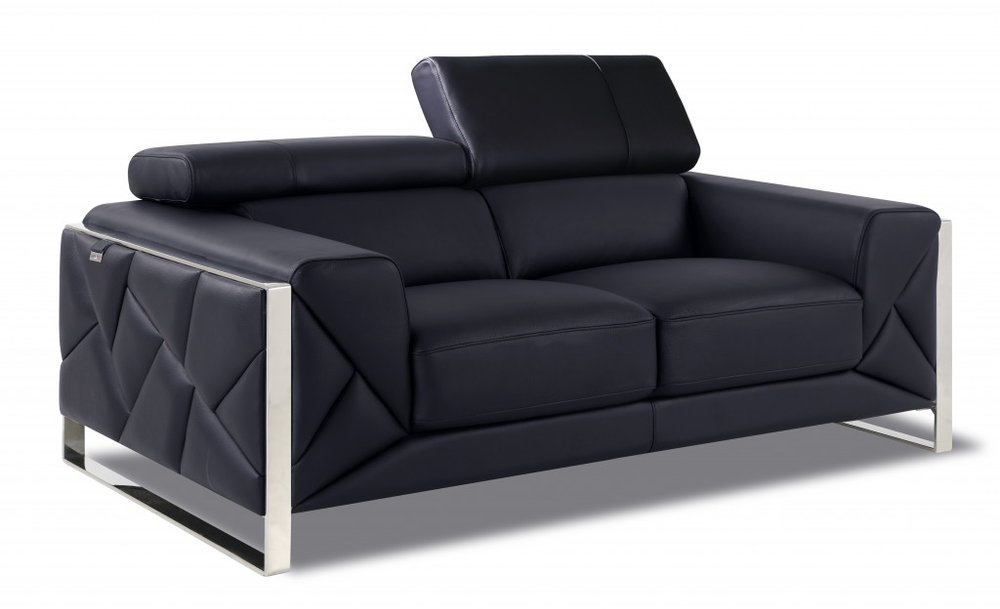 75" Black And Silver Italian Leather Loveseat HomeRoots