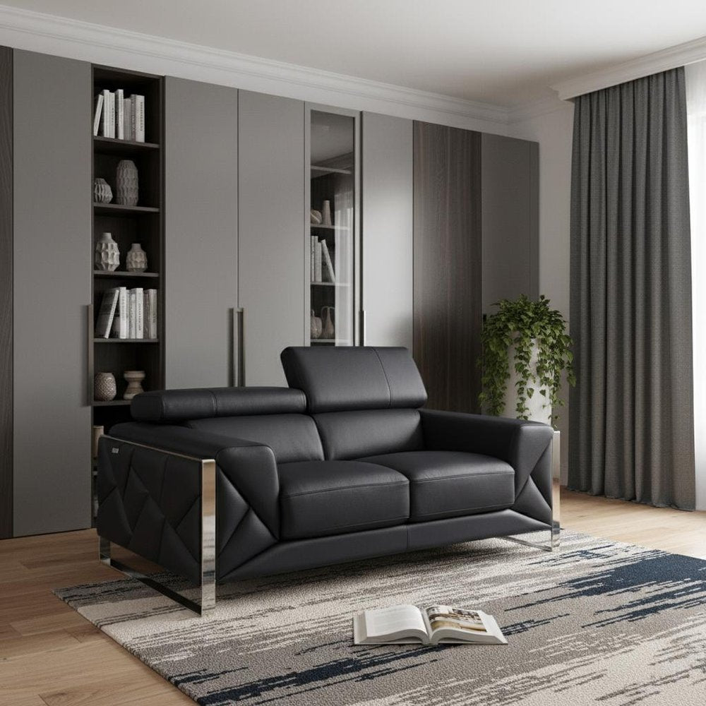75" Black And Silver Italian Leather Loveseat HomeRoots