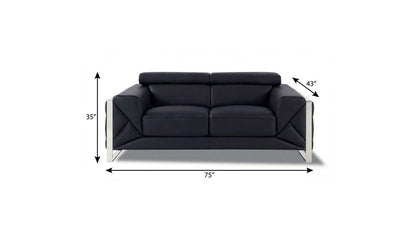 75" Black And Silver Italian Leather Loveseat HomeRoots