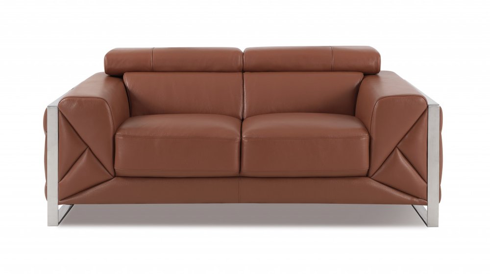 75" Camel And Silver Italian Leather Loveseat HomeRoots