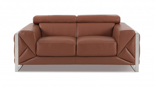 75" Camel And Silver Italian Leather Loveseat HomeRoots