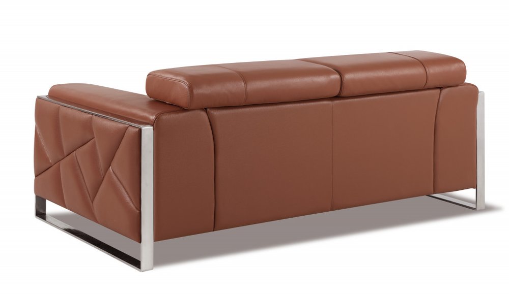 75" Camel And Silver Italian Leather Loveseat HomeRoots
