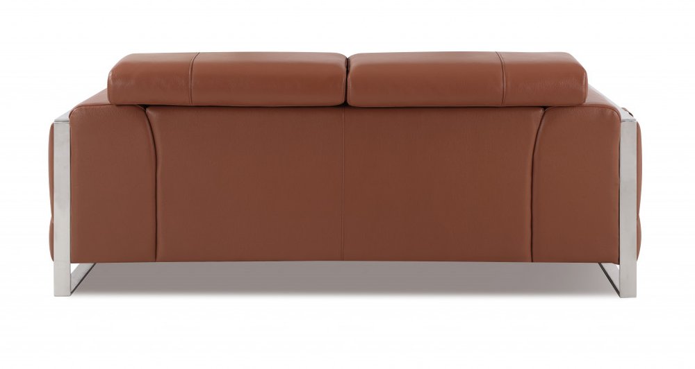 75" Camel And Silver Italian Leather Loveseat HomeRoots