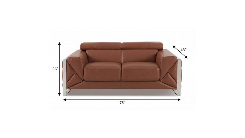 75" Camel And Silver Italian Leather Loveseat HomeRoots
