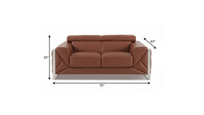 75" Camel And Silver Italian Leather Loveseat HomeRoots