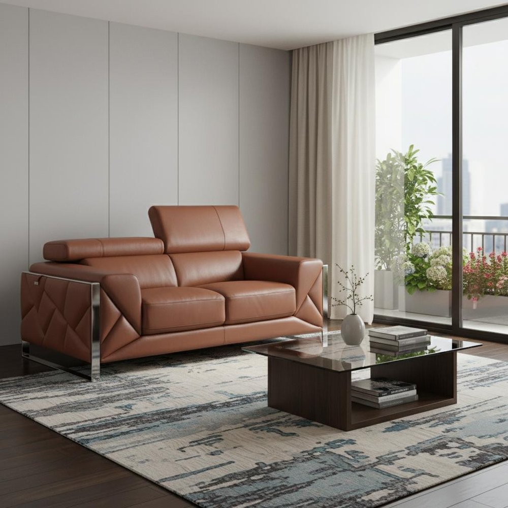 75" Camel And Silver Italian Leather Loveseat HomeRoots