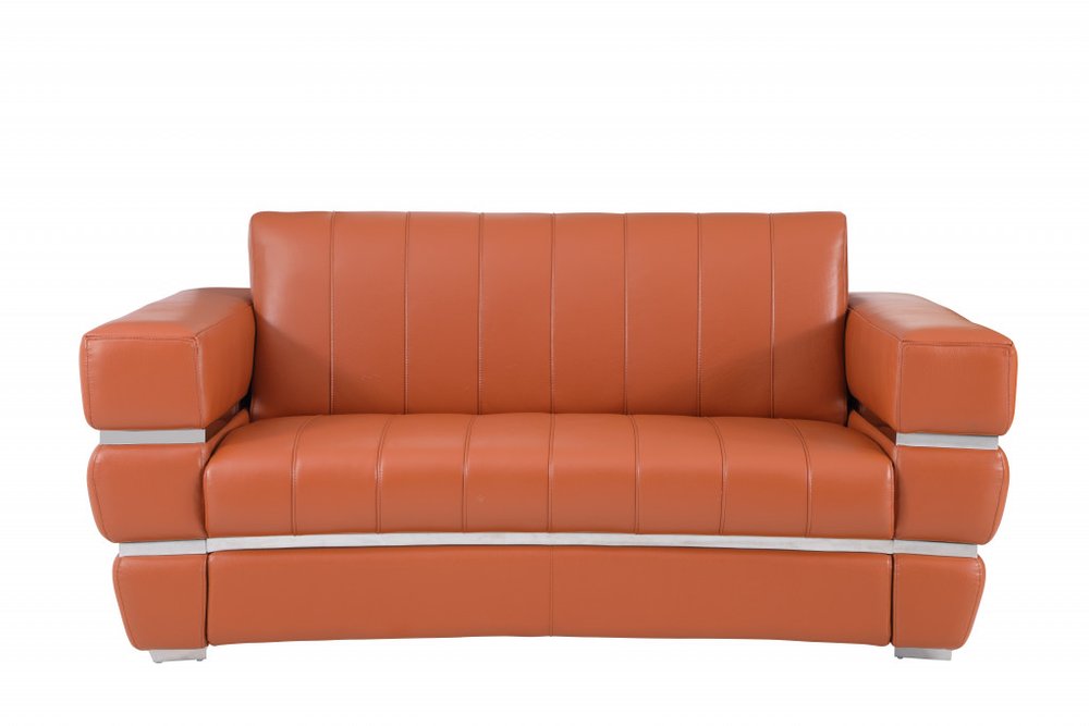 75" Camel And Silver Italian Leather Loveseat HomeRoots