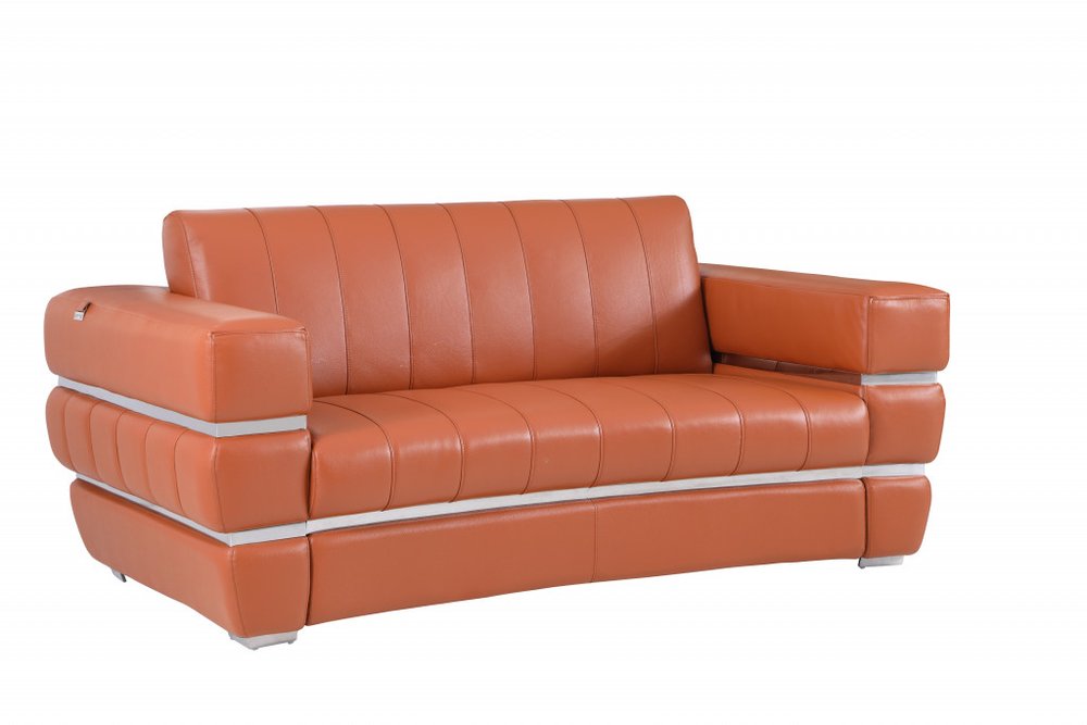 75" Camel And Silver Italian Leather Loveseat HomeRoots