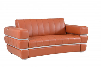 75" Camel And Silver Italian Leather Loveseat HomeRoots