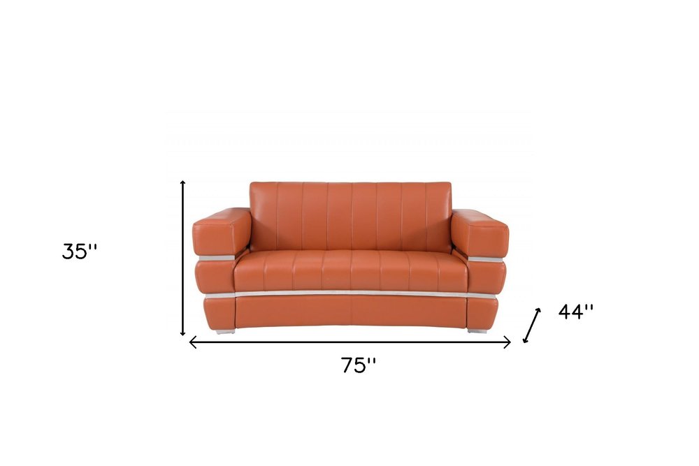 75" Camel And Silver Italian Leather Loveseat HomeRoots