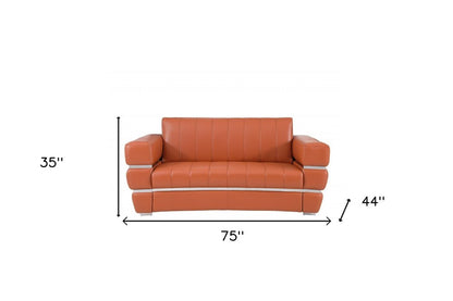 75" Camel And Silver Italian Leather Loveseat HomeRoots