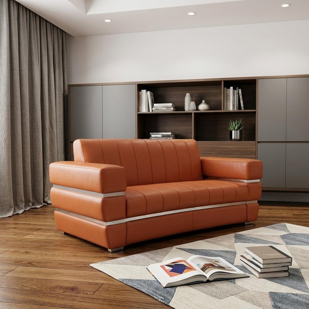 75" Camel And Silver Italian Leather Loveseat HomeRoots