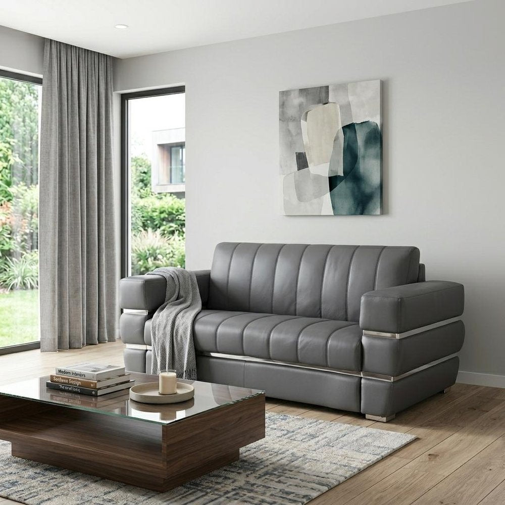 75" Gray And Silver Italian Leather Loveseat HomeRoots