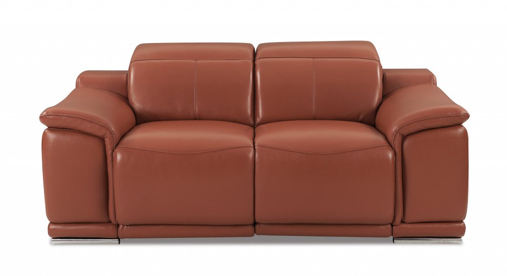 72" Camel And Silver Italian Leather Power Reclining Loveseat HomeRoots
