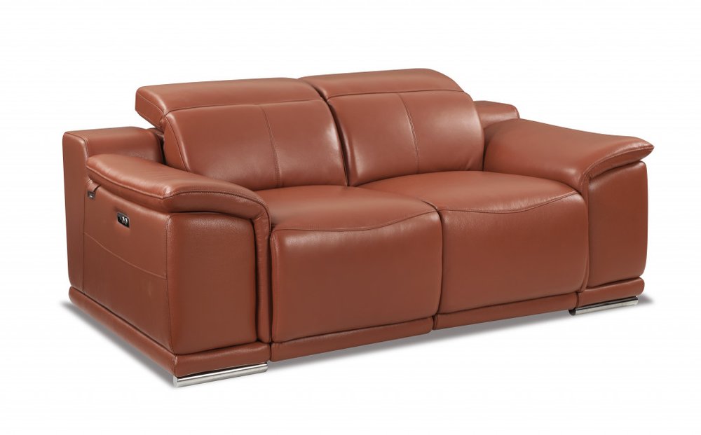 72" Camel And Silver Italian Leather Power Reclining Loveseat HomeRoots