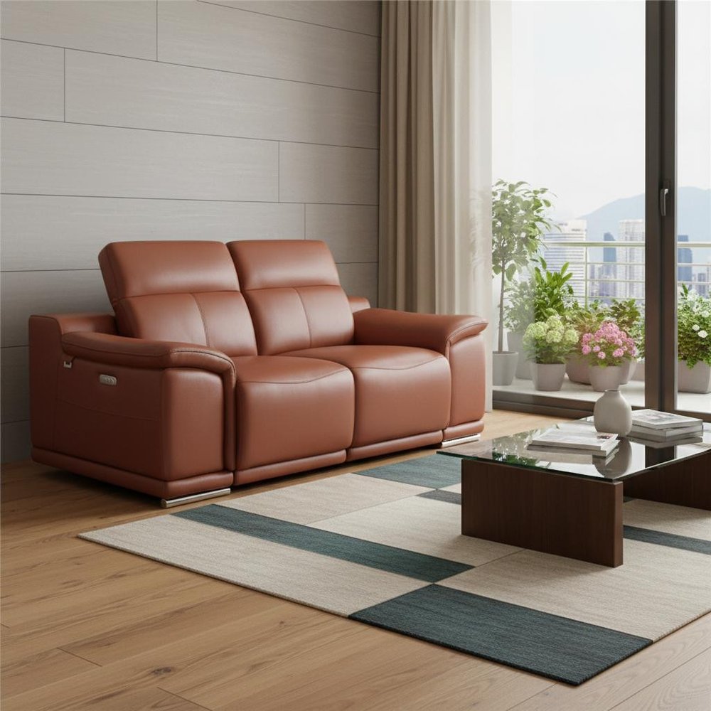 72" Camel And Silver Italian Leather Power Reclining Loveseat HomeRoots