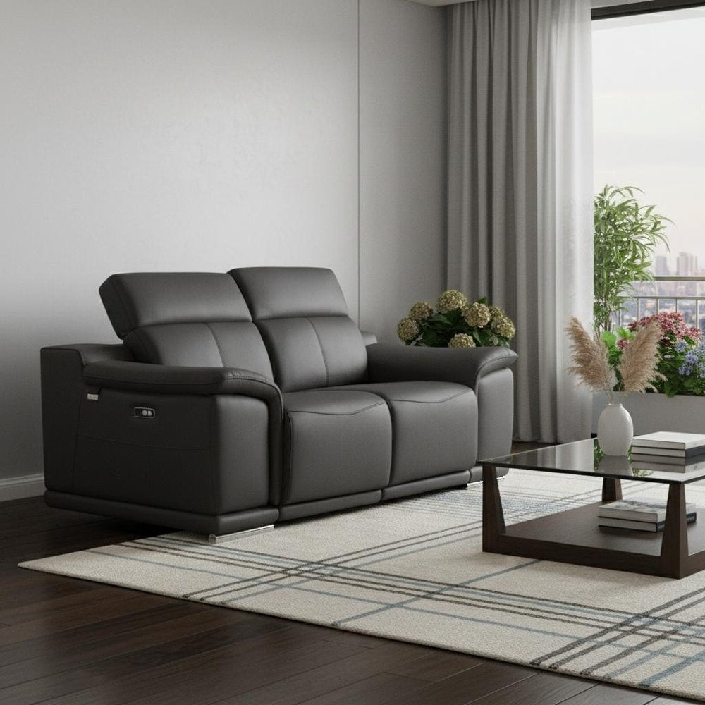 72" Gray And Silver Italian Leather Power Reclining Loveseat HomeRoots