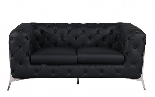 69" Black And Silver Italian Leather Loveseat HomeRoots
