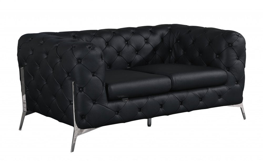 69" Black And Silver Italian Leather Loveseat HomeRoots