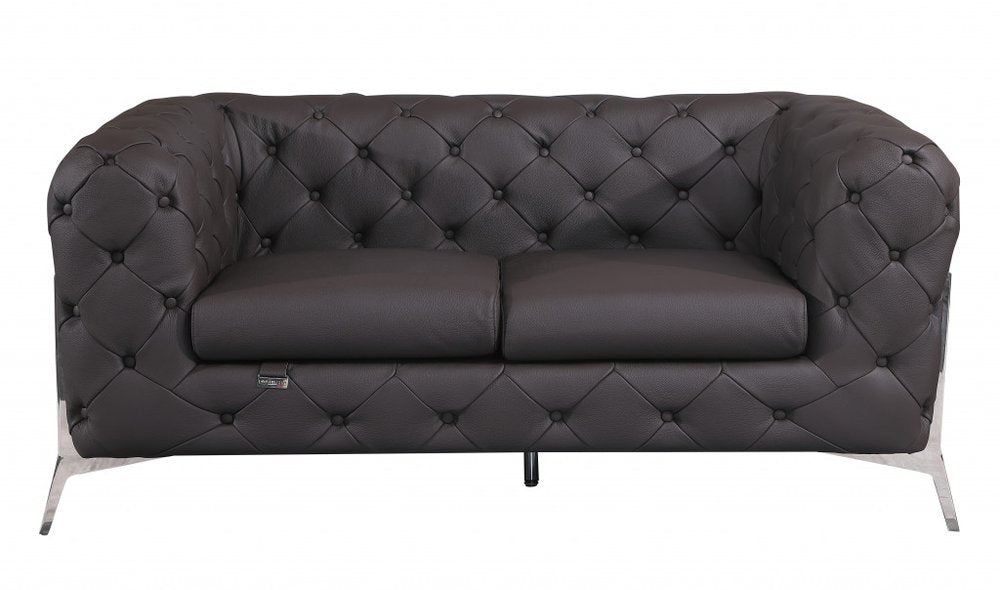 69" Brown And Silver Italian Leather Loveseat HomeRoots