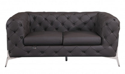 69" Brown And Silver Italian Leather Loveseat HomeRoots