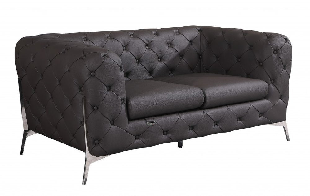 69" Brown And Silver Italian Leather Loveseat HomeRoots