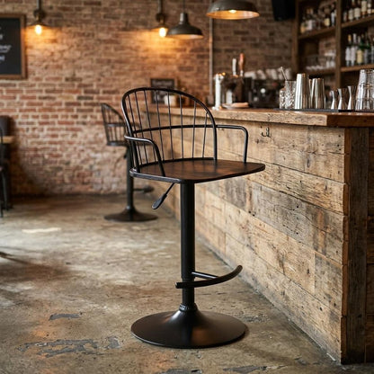 Black Solid Wood And Iron Low Back Adjustable Height Bar Chair