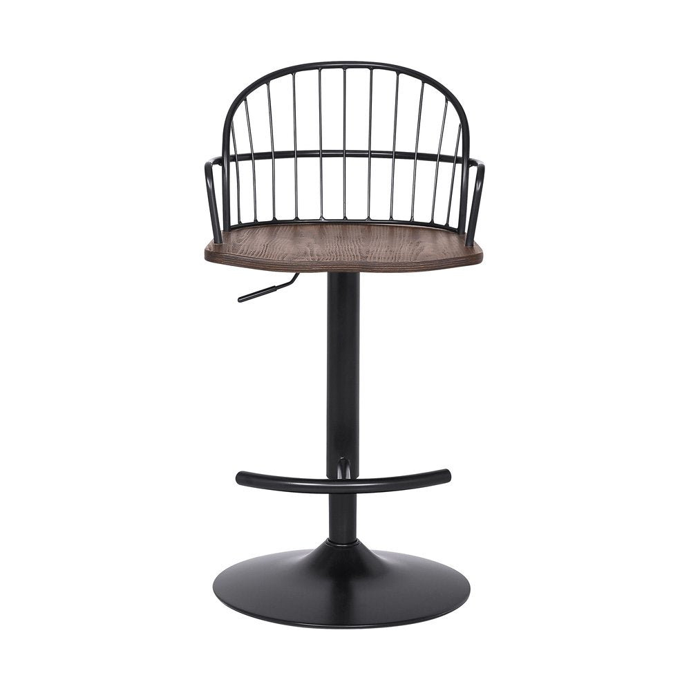 Brown And Black Solid Wood And Iron Low Back Adjustable Height Bar Chair HomeRoots