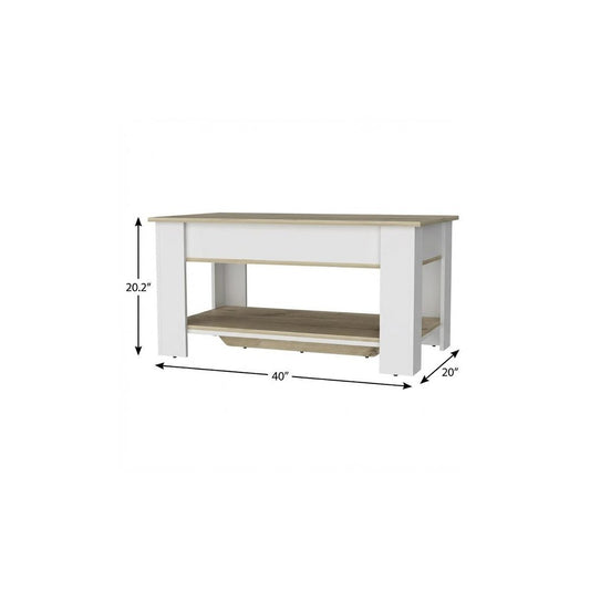 40" Natural and White Wood Storage Bench With Flip Top Shoe Storage And Shelves