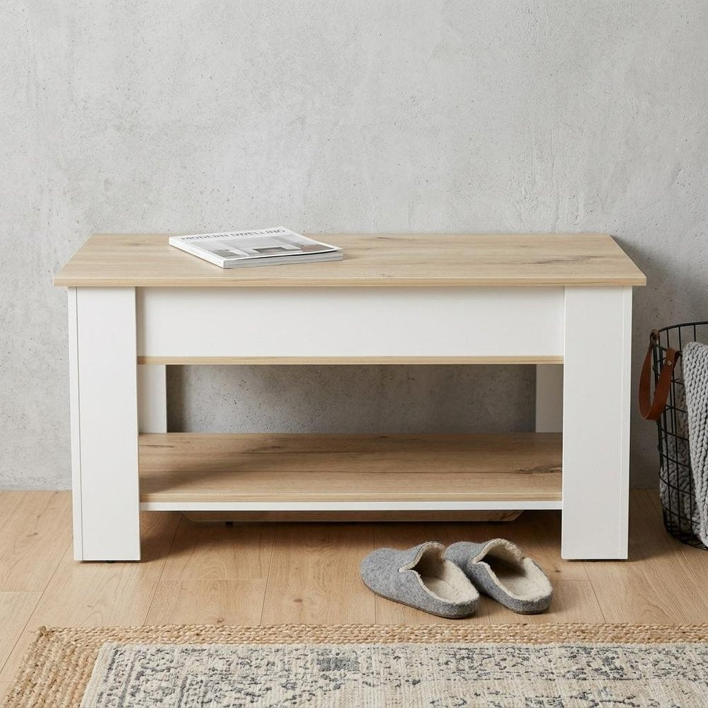 40" Natural and White Wood Storage Bench With Flip Top Shoe Storage And Shelves HomeRoots